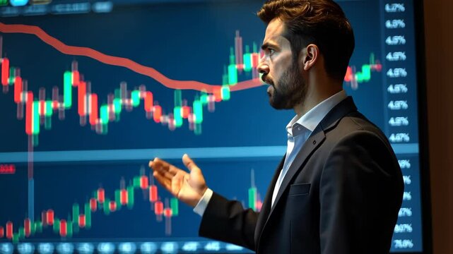 Expert financial analyst presents market trends and investment strategies in a high-tech trading room during a live market analysis session