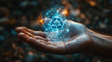 Fototapeta premium A man's hand held toward the camera, with a holographic recycle symbol flickering in the center