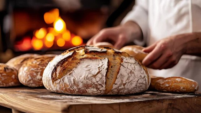 A baker in a white uniform holding freshly baked bread. The bread is still warm and golden brown, and the baker's hands are covered in flour. The image conveys a sense of warmth and comfort, and the