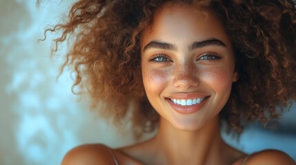 happy beautiful girl with radiant skin holding her cheeks in laughter looking to the side with an expressive facial expression that evokes beauty and joy in a fresh clean atmosphere