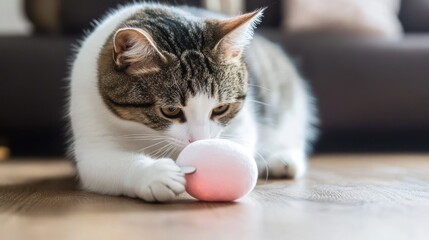 A curious cat interacts with a soft toy on a wooden floor.