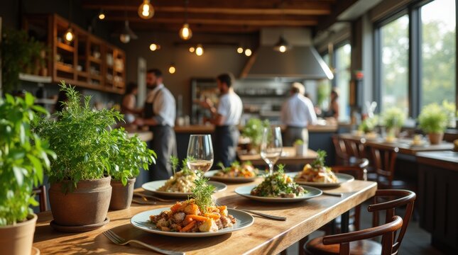 Rustic yet elegant farm-to-fork restaurant interior with fresh dishes and inviting ambiance
