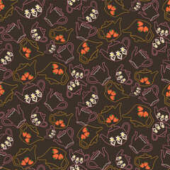 Seamless pattern with Teapots on brown background. Hand drawn lines cartoon-dishes. Tea Party Vector illustration. Perfect for fabric, wallpaper and children's projects.
