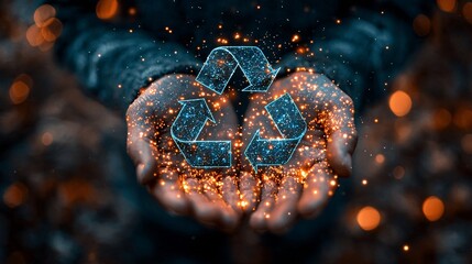 A glowing recycle symbol in a man palm with flowing digital lines, representing the convergence of technology and recycling