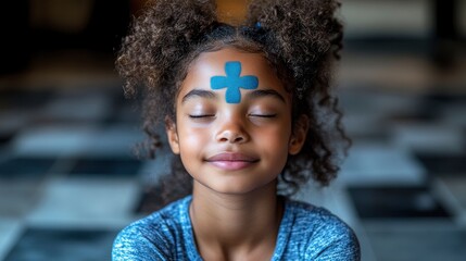 Naklejka premium Young Girl with Cross on Forehead Meditating