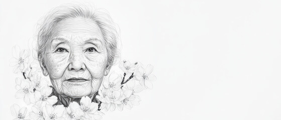 Sketch of an Elderly Asian Woman Surrounded by Flowers