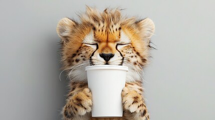 Obraz premium A cheetah with closed eyes, resting its head on a coffee cup