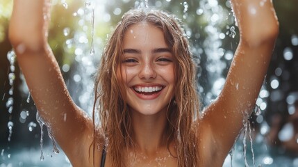Fototapeta premium Happy Woman Enjoying Waterfall Shower