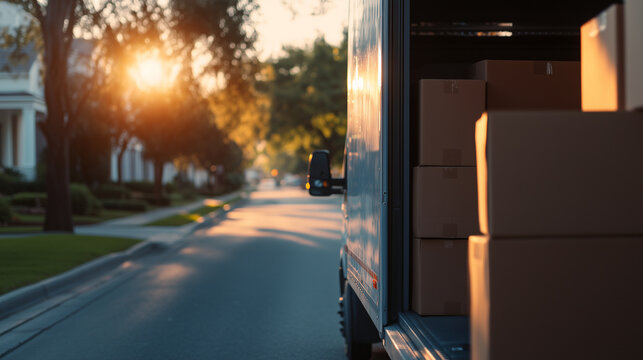 A delivery truck sits parked on a residential street, its open doors showing the boxes inside, ready for movers to unload, marking the transition to a new home.