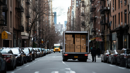 On a busy urban street, a delivery truck sits with its doors wide open, packed with boxes, ready for movers to take them out, capturing the moment of a bustling move.