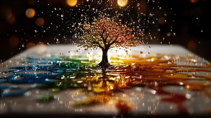 Fototapeta premium A picture of a tree in the center of a book with water droplets on its pages