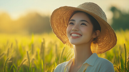 A young woman smiling in sunlit wheat field, wearing straw hat, radiating joy and warmth. golden hues of field enhance serene atmosphere.