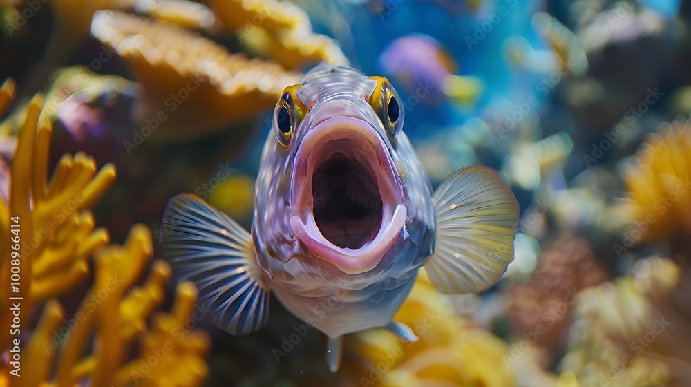 Canvas Prints surprised fish with vibrant coral reef backdrop caught mid swim with mouth agape