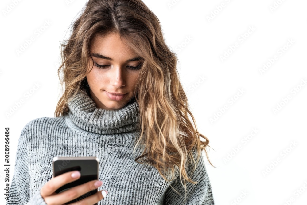 Wall mural A woman looking at her cell phone, likely checking messages or social media