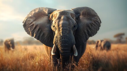 Obraz premium Startled Elephant with Raised Trunk Standing Amid Grassland Savanna