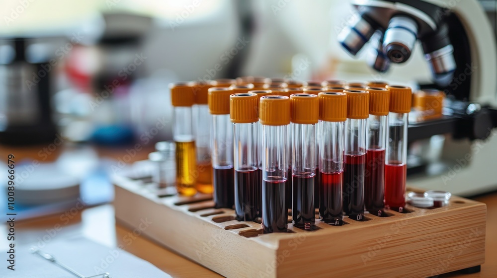 Aufkleber a laboratory setup featuring test tubes filled with liquids and a microscope.