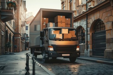 Truck with Open Doors on Street Displaying Boxes Perfect for Logistics and Delivery Concepts