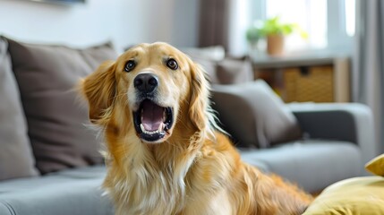 Startled Golden Retriever Sitting in Cozy Living Room with Detailed Furniture