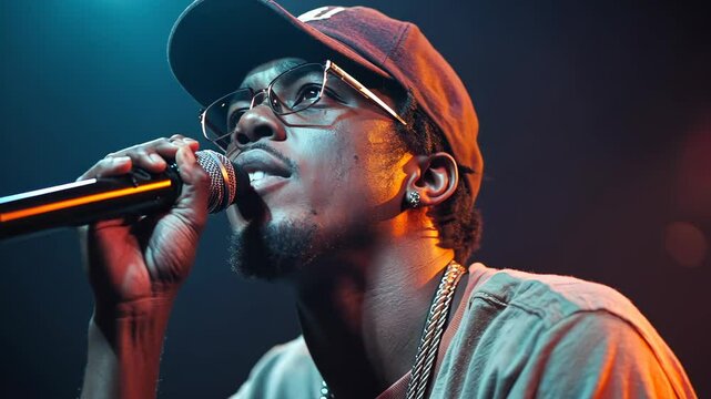 Energetic live performance by a rising hip-hop artist on stage, the African American rapper raps into a microphone.