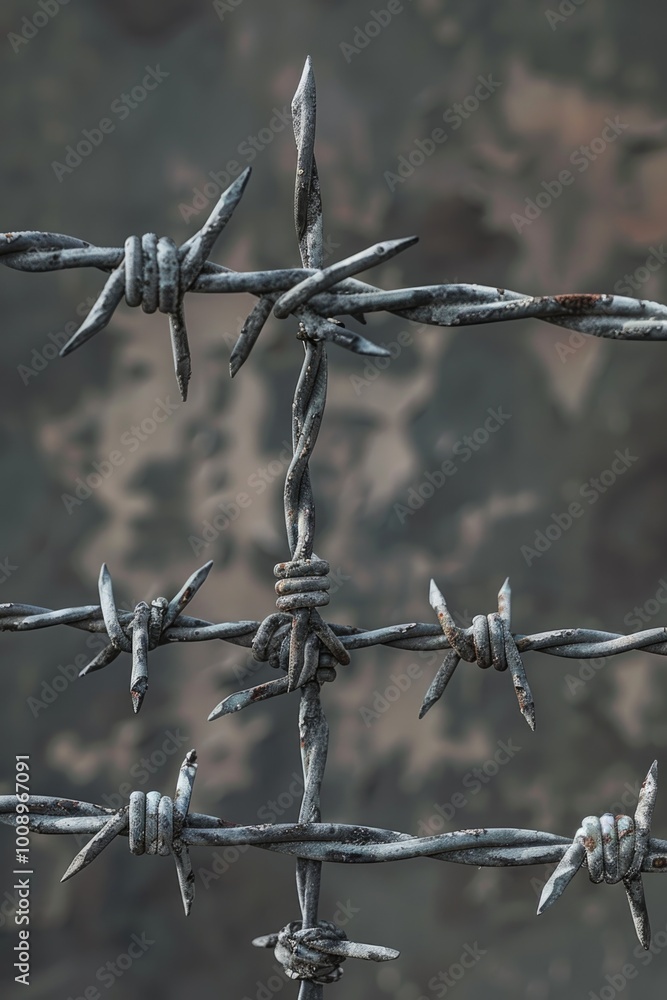 Aufkleber a close-up view of a barbed wire fence, ideal for use in scenes related to confinement or security