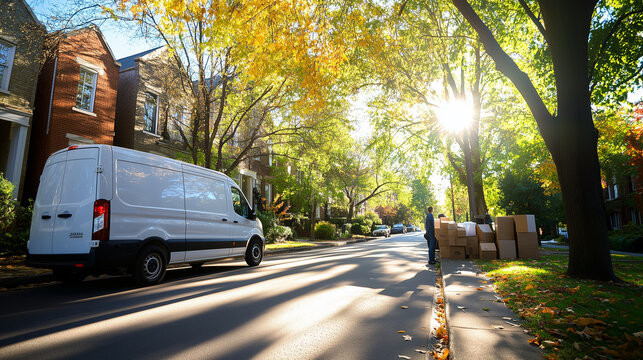 The white van minibus is parked on the side of a tree-lined residential street, sunlight filtering through the leaves, as movers unload boxes for a family's new home.