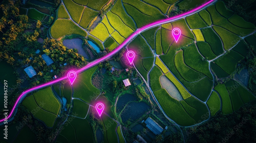 Canvas Prints aerial shot of a landscape with neon lit pins or pointers on top of it, global positioning system or