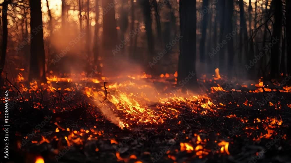 Poster close-up view of a raging wildfire. the flames are dancing and spreading through the forest floor.. 