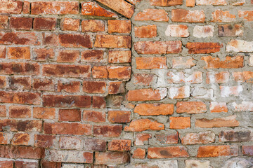 Antique brick wall background, ancient red brick masonry surface. Vintage textured background of red brick wall.