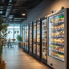Micro market (small automated unmanned vending store) full of food stands in office, coworking, lobby or hotal hall. Soft focus. Automated food business theme