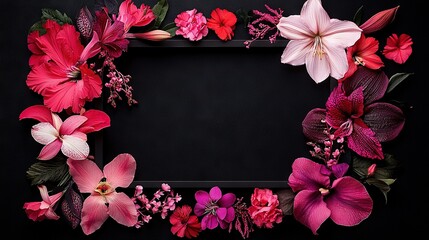   Black Background Pink & Red Flowers Frame, Space for Text or Image