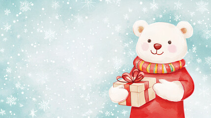 White teddy bear is holding a red present