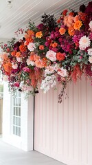   A few blooms dangling off a pink structure with a white entryway and a pink backdrop