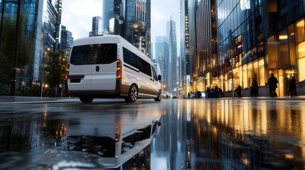 A clean white minibus van parked on a street in a vibrant business district, reflecting the city's towering glass buildings, ready for the daily delivery rounds.