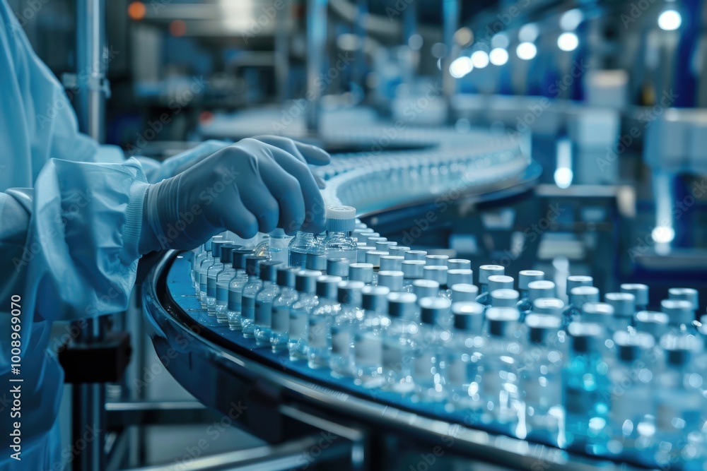 Poster a scientist in a lab coat and gloves works on a conveyor belt, focused on the task at hand