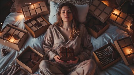 Woman in Pajamas Surrounds Herself with Chocolate Boxes Indulgent Late Night Pleasure