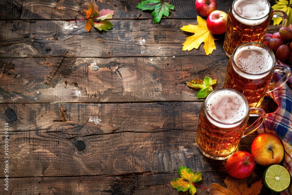 Poster two mugs of beer and a plate of apples sit on a rustic wooden table