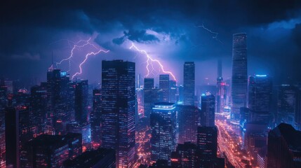 Nighttime cityscape with lightning strikes illuminating skyscrapers