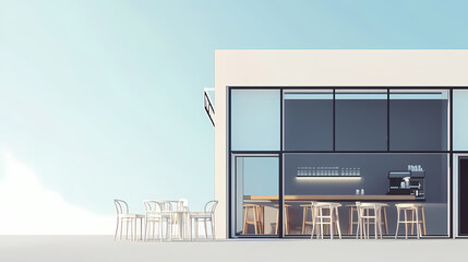 3D illustration of a modern minimalist coffee shop landscape. Architectural design perspective, construction of a fantasy building.