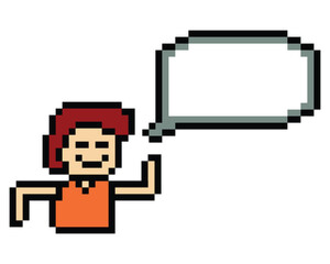 Cartoon pixel cute character man face with chat blank decoration 8 bit male boy say speak discuss idea chat box cartoon pixel game png vector.