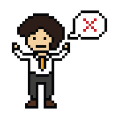 Pixel cartoon 8bit character man sad tired mood stress sick unhappy feel decoration 8 bit male boy bored feel with isolated PNG vector.