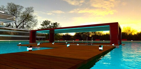 Floor-level night lights lining the sides of a wooden pathway over the pool leading to a wooden gazebo within the grounds of a prestigious residential complex. 3D rendering.