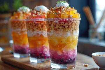 Vietnam: Che Ba Mau A glass filled with layers of colorful jellies, beans, coconut milk, and crushed ice, topped with a drizzle of coconut cream.