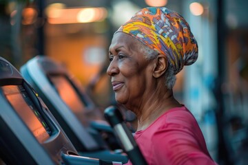 Obraz premium A woman exercising on a treadmill while wearing a turban, great for health and wellness illustrations