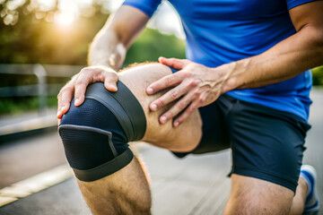 Athletic Man Outdoors with Knee Wrapped in Black Support Bandage &ndash; Sports Injury and Recovery Theme