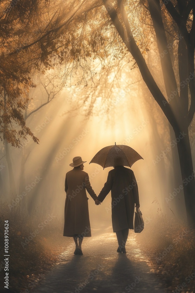 Poster Two figures walking hand in hand under an umbrella in a misty, autumnal forest.