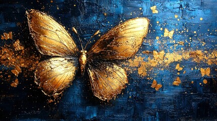  A gold butterfly painted on a blue-black canvas with shimmering wing flecks