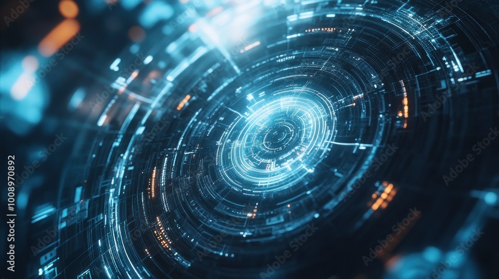 Poster abstract futuristic technology background with glowing blue and orange circles and lines