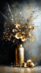   A stunning depiction of yellow blossoms in a golden container against a muted backdrop, featuring prominent golden accents in the foreground