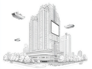 Futuristic Cyberpunk Cityscape Line Art Illustration