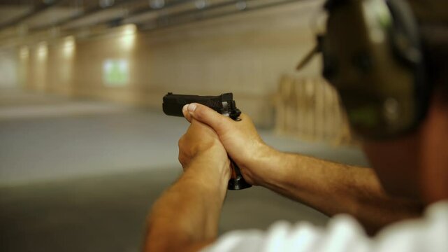 Shooter aiming pistol at target in shooting range with ear protection